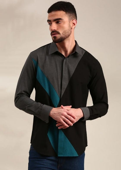 Black, Charcoal Grey & Light Grey Panelled Cotton Shirt - MM0891