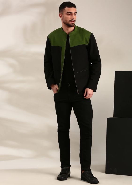 Black & Green Cotton Bomber Jacket - MMBJ029