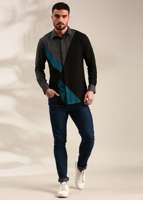 Black, Charcoal Grey & Light Grey Panelled Cotton Shirt - MM0891