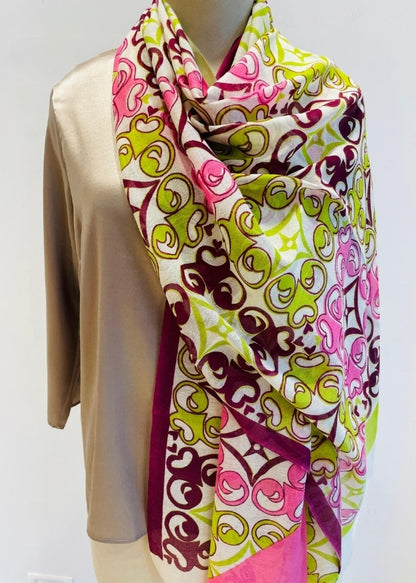 Neon Green and Majenta Floral Print Silkwool Stole