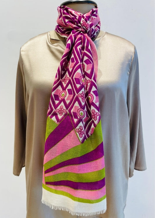 Neon Green and Majenta Floral Print Silkwool Stole