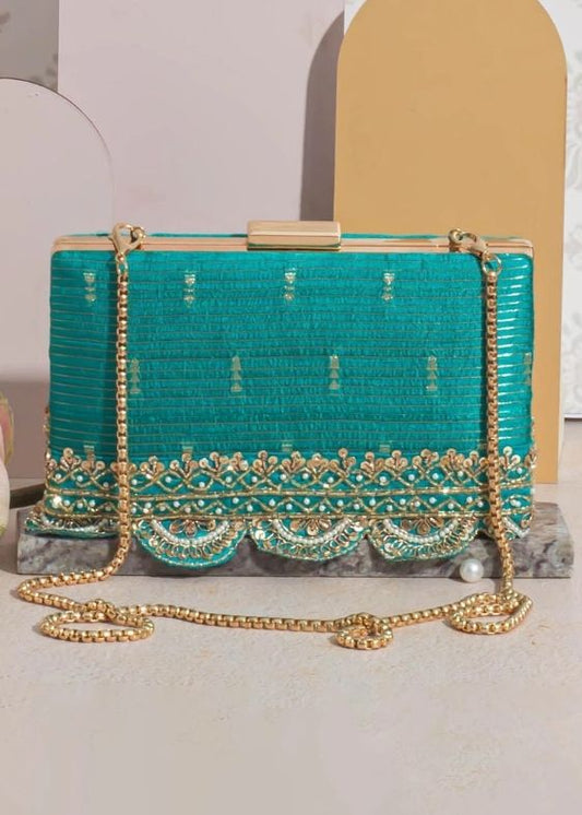 Tari Silk box clutch- Turquoise&nbsp;