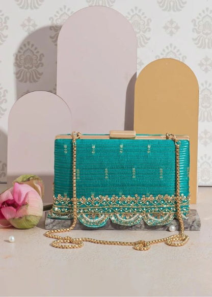 Tari Silk box clutch- Turquoise