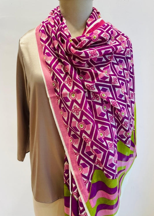 Purple Geometric Print Silkwool Stole