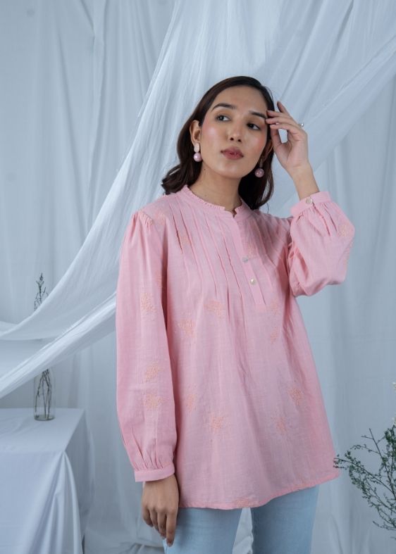 Pink embroidery cotton blouse