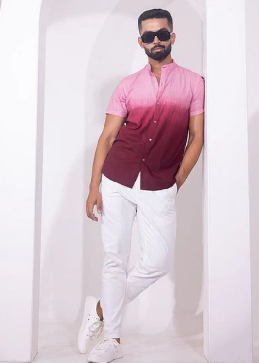 Nehru Collar Ombre Half Sleeve Cotton Shirt- Wine