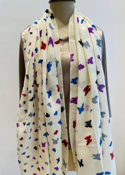 White Butterfly print silk wool Stole