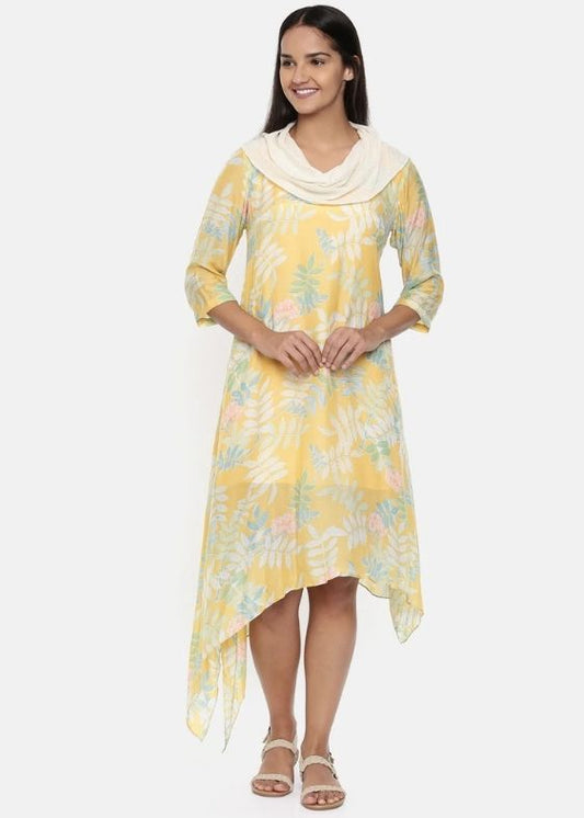 Yellow Printed Muslin Cotton, Cowl Neck Dress-AS0330