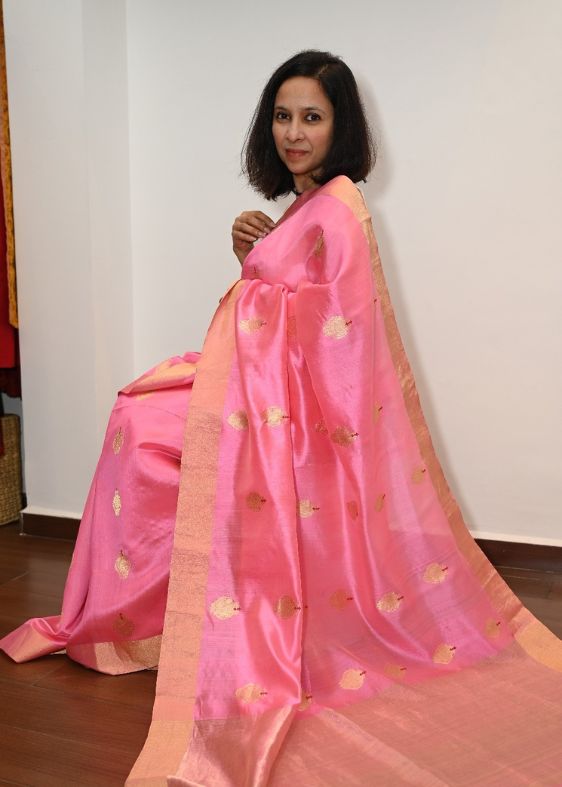 Pink chanderi buti saree