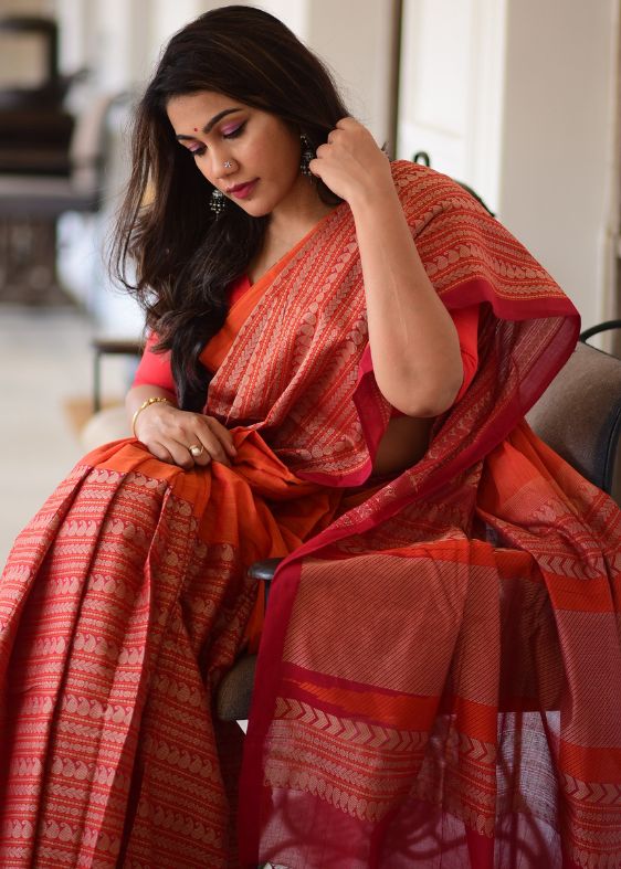 &nbsp;Boho Orange Kanjivaram Skirt Border Cotton Saree