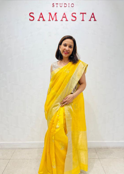 Yellow silk chanderi saree