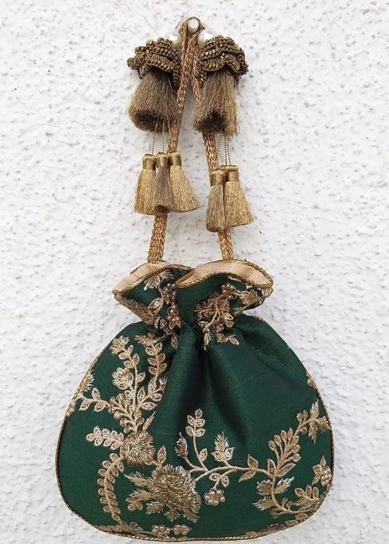 Green embroidered silk potli bag