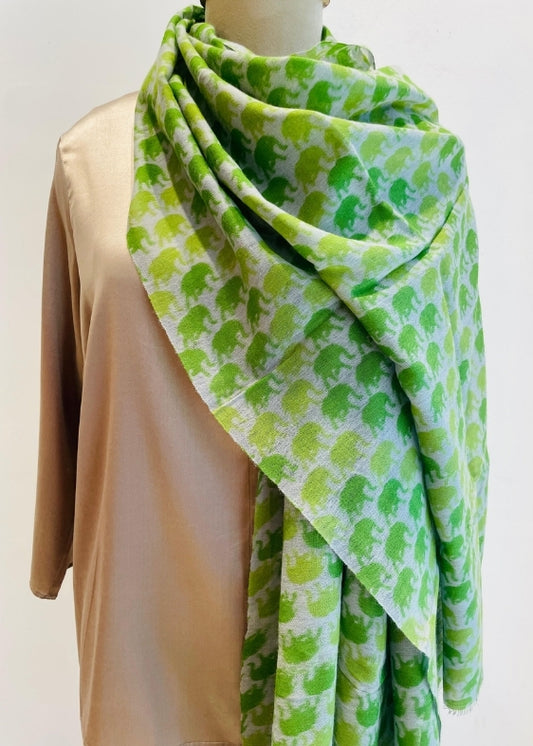 Dark Green Elephant Silk Wool Stole