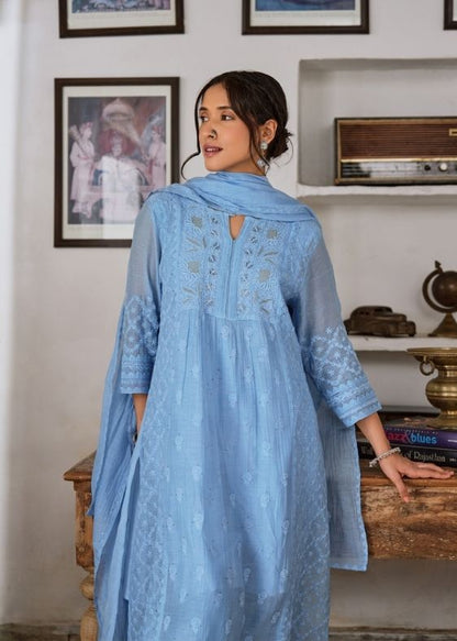 Blue Single Ply Chanderi Suit