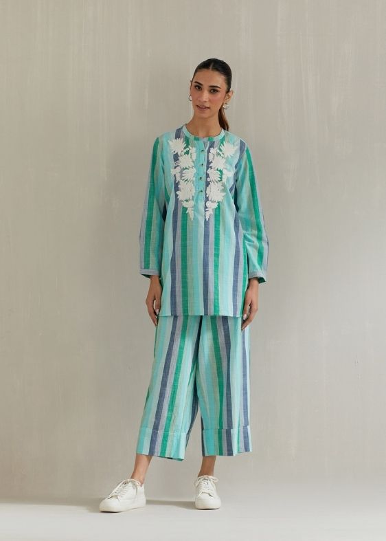 Green stripes embroidery cotton tunic