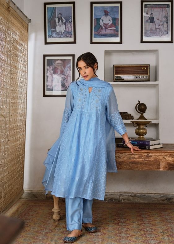 Blue Single Ply Chanderi Suit