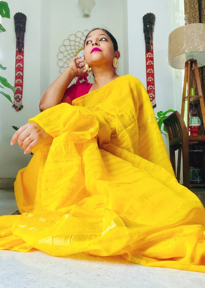 Yellow Stripes Fulia Cotton Saree