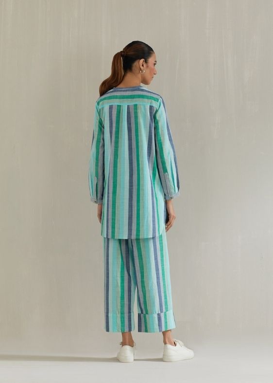 Green stripes embroidery cotton tunic