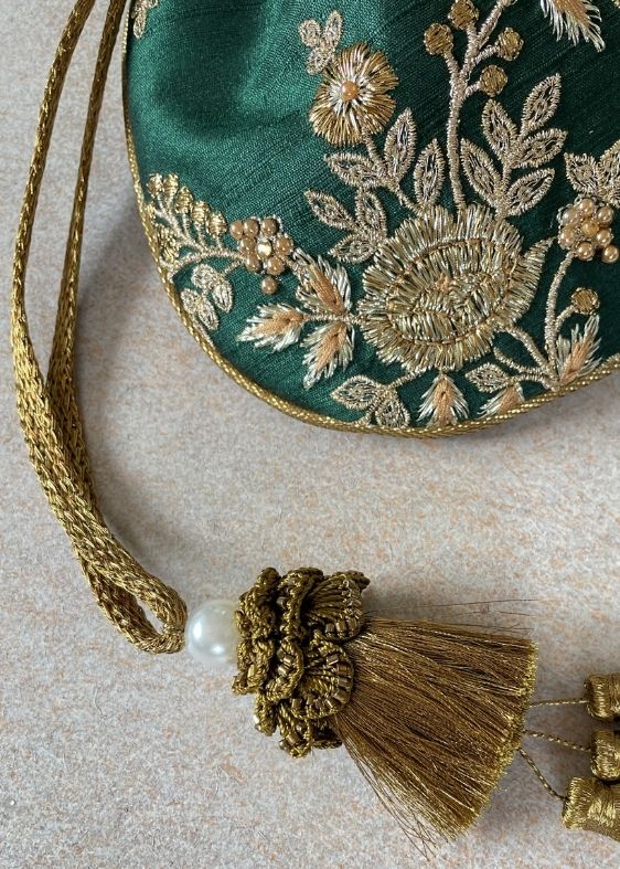 Green embroidered silk potli bag