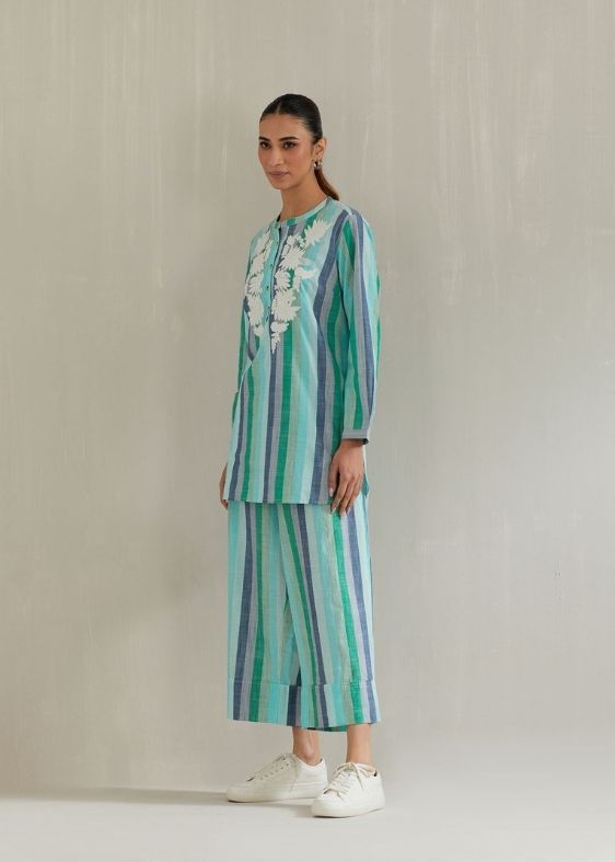 Green stripes embroidery cotton tunic