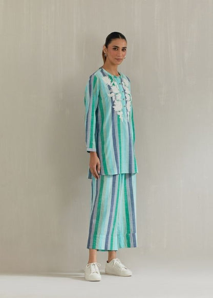 Green stripes embroidery cotton tunic