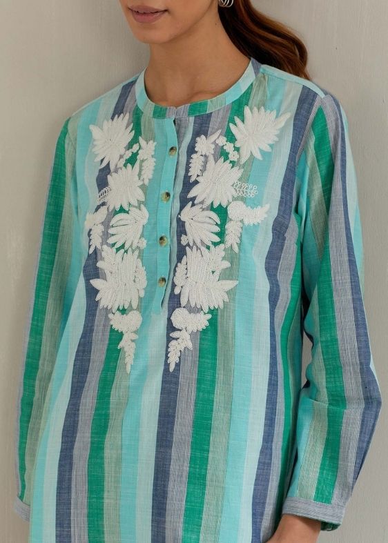 Green stripes embroidery cotton tunic