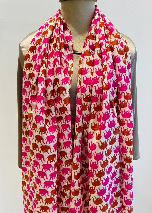 Pink And Maroon Elephant Print Wool Silk Stole