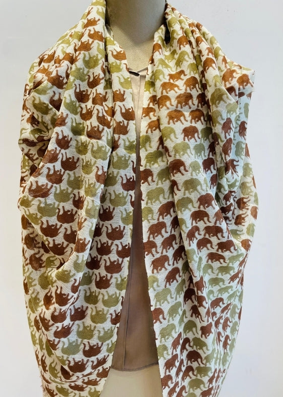 Green and Brown Elephant Print Silk Wool Stole