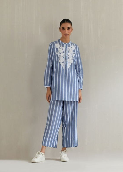 Blue stripes embroidery cotton tunic