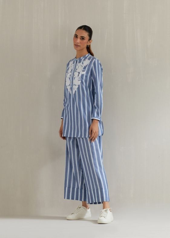 Blue stripes embroidery cotton tunic