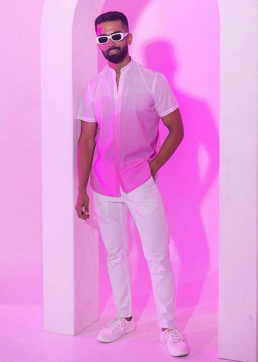 Nehru Collar Ombre Half Sleeve Cotton Shirt- Pink