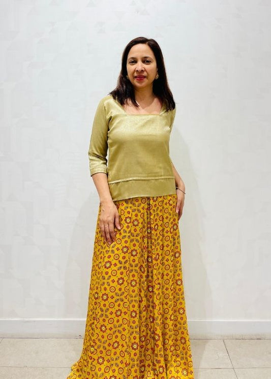 Yellow Ajrakh print Mushroosilk Skirt