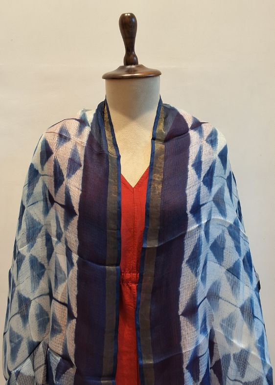 Dark Blue Silk Kota Shibori Stole