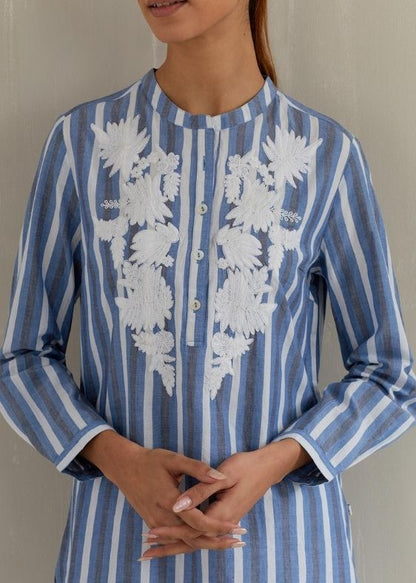 Blue stripes embroidery cotton tunic