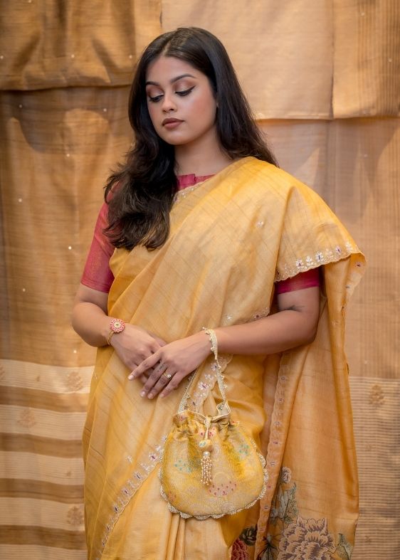 Yellow embroidery Tussar Silk Saree