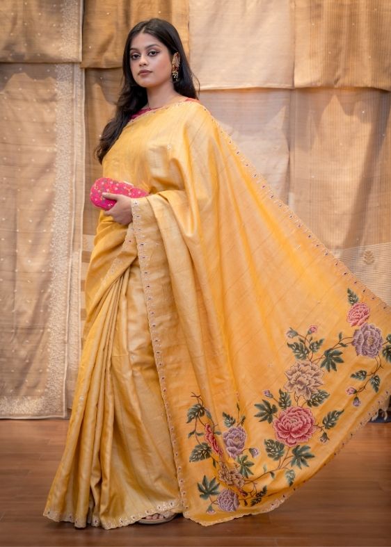 Yellow embroidery Tussar Silk Saree