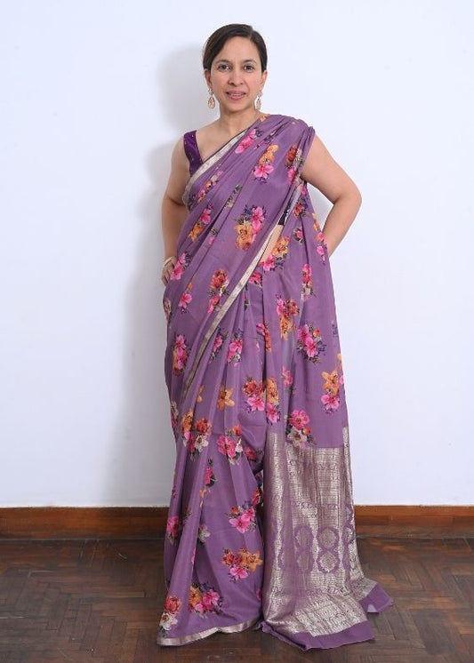 Lavender Floral Printed Crepe Silk Sari