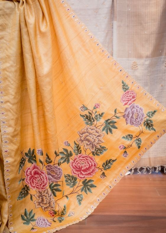 Yellow embroidery Tussar Silk Saree