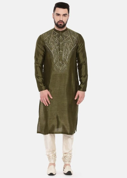 Green Silk Slub Embroidered Kurta Set - MMK0552