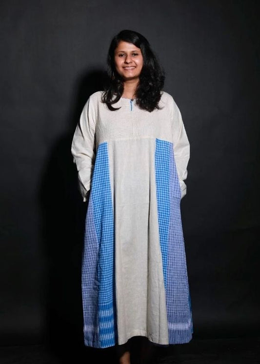 Side Panelled Big Book Dress ( White & Blue )