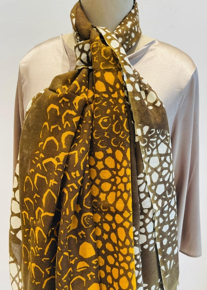 Brown and Mustard Printed Silk wool Stole