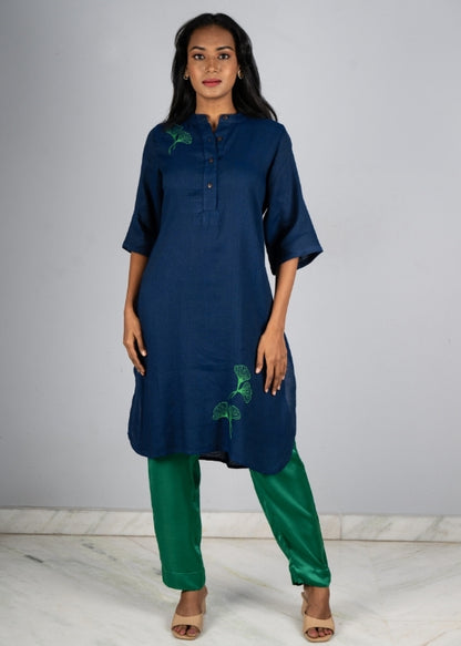 Ginko Leafs Blue Long cotton kurta