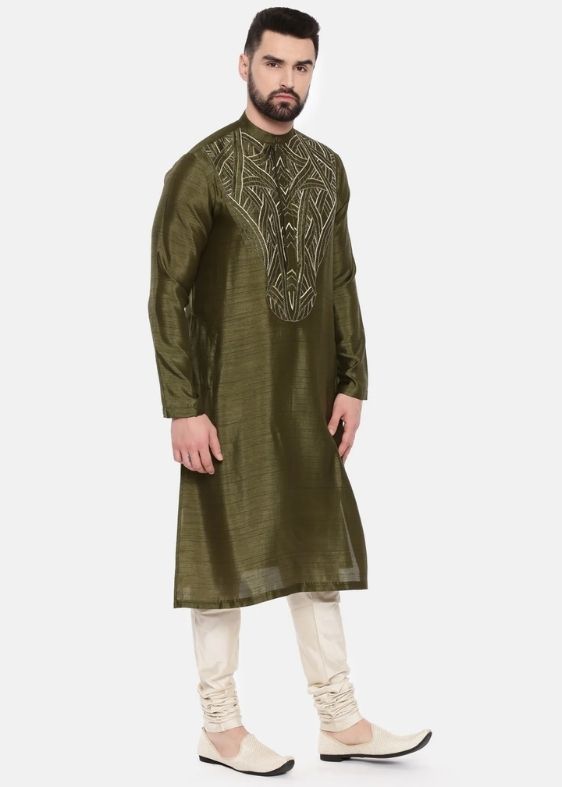 Green Silk Slub Embroidered Kurta Set - MMK0552