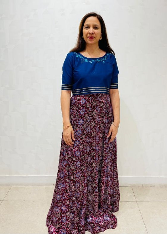 Maroon and Blue Ajrakh Print Mashroosilk Silk skirt