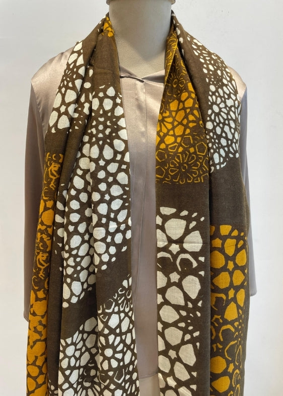 Brown and Mustard Printed Silk wool Stole