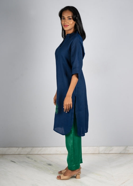 Ginko Leafs Blue Long cotton kurta