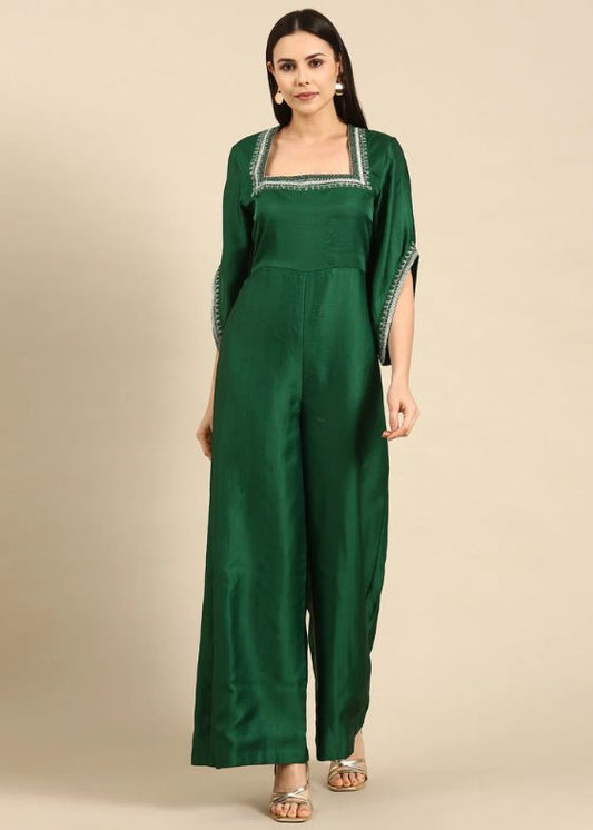 Green Silk Embroidered Jumpsuit-ASJS015