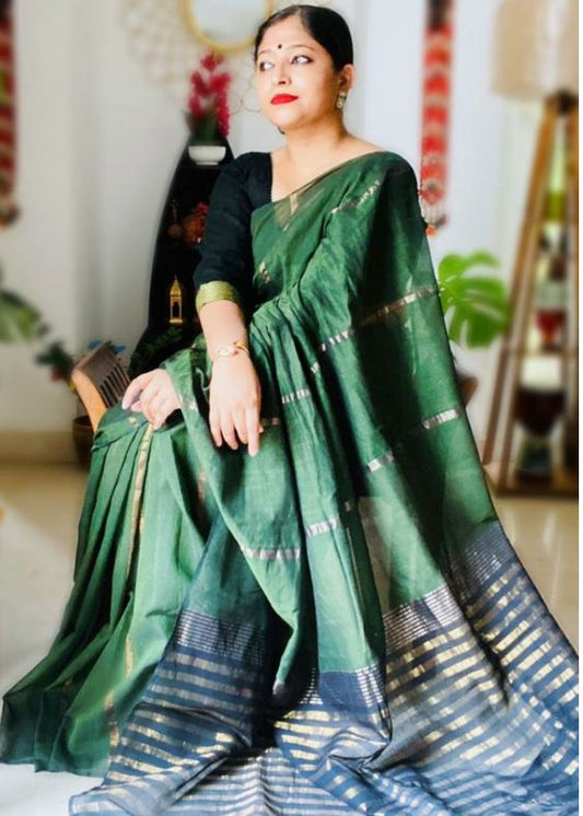 Green Fulia Cotton Gold Stripes Saree