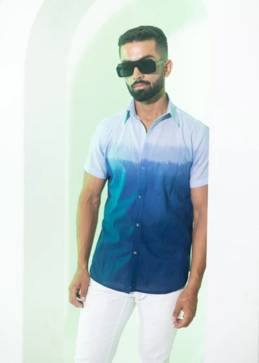 Ombre Half Sleeve Regular Cotton Shirt-Navy