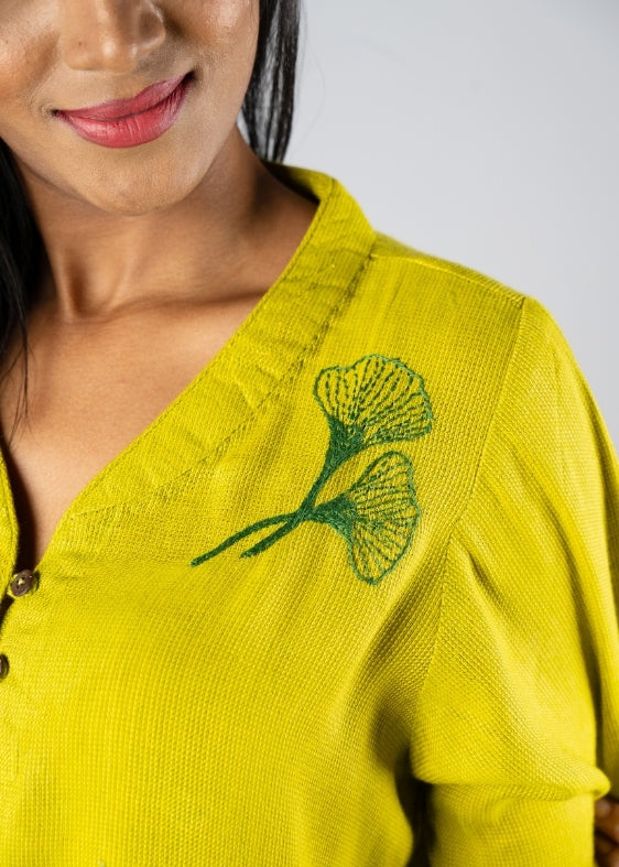 Lime Green Ginko Leafs long kurta